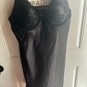 Victoria's Secret Black Satin Chemise with Lace Trim